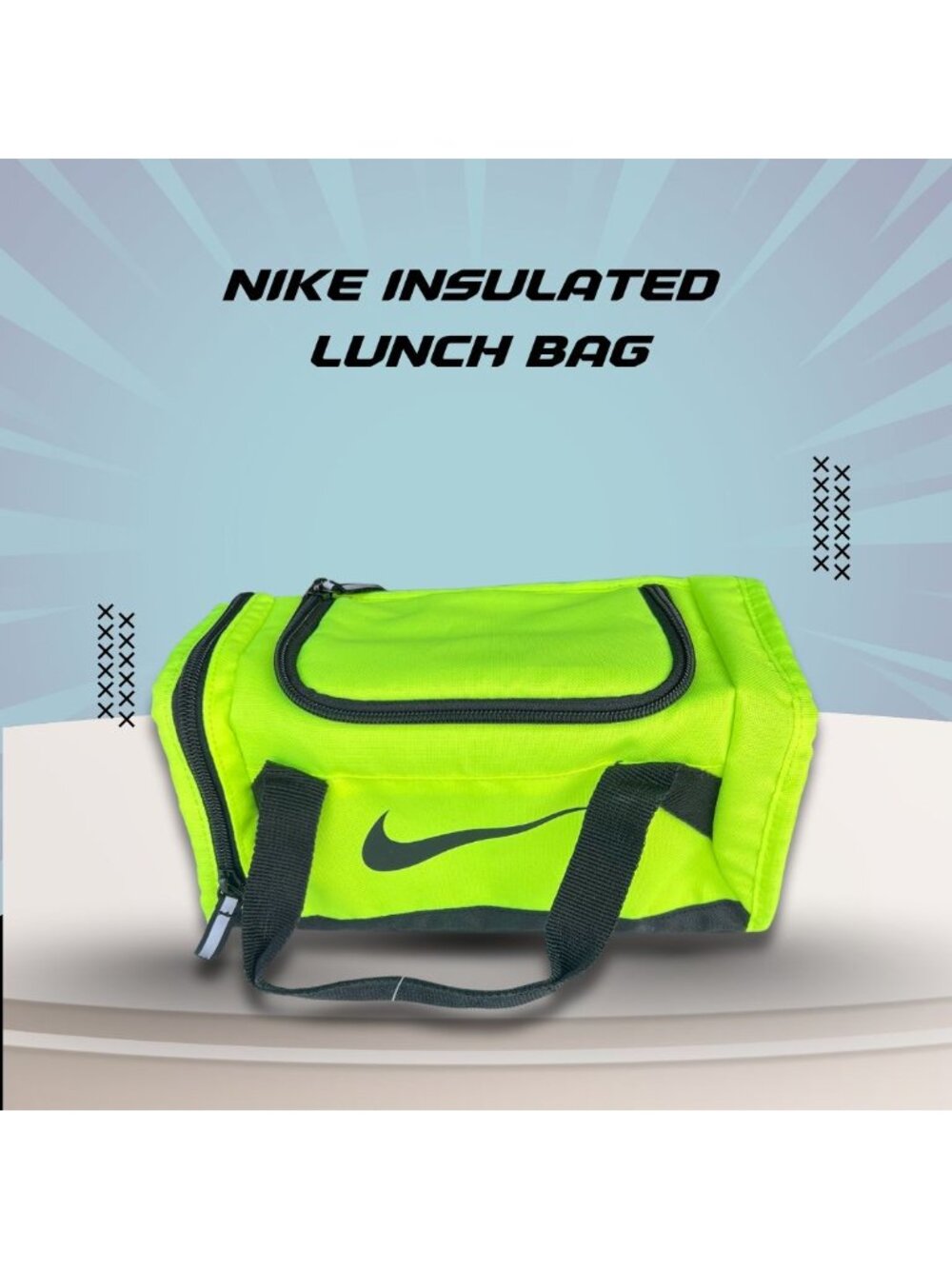 Nike Insulated Neon Green/Black Lunch Bag With Zippered Compartments & Adjustabl